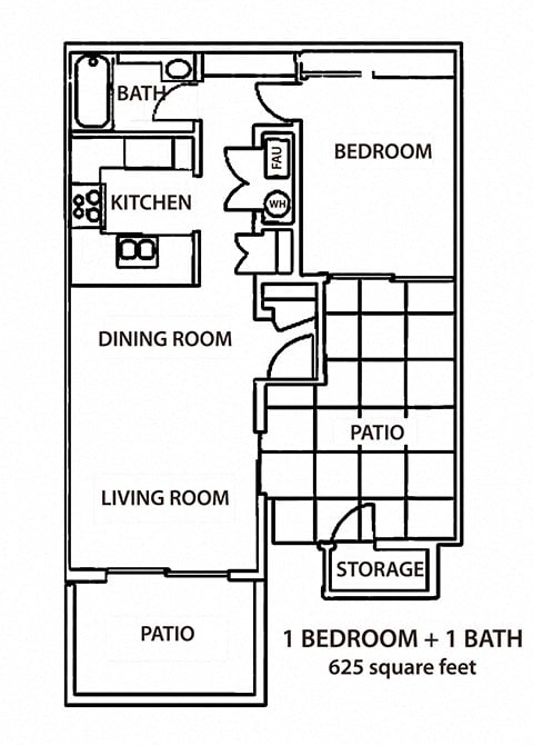 Floor plan for 1 bed, 1 bath, 625 sqft